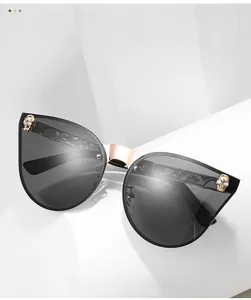 Détail de lunettes de soleil œil-de-chat avec crâne doré et détails en strass