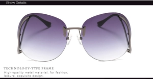Détails de lunettes de soleil sans monture avec verres dégradés violets et branches fines
