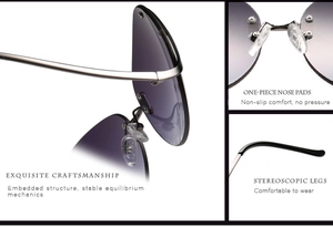 Détails de lunettes de soleil sans monture dégradé violet avec charnières et plaquettes