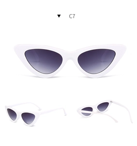 Three-angle view of vintage white cat-eye sunglasses with purple gradient lenses