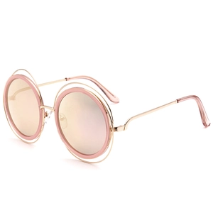 Lunettes de soleil rondes oversize pour femmes en or rose avec monture métallique à double cercle
