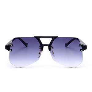 Fashionable rimless oversized sunglasses with purple gradient lenses and silver rivet accents