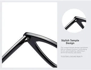 Detailed close-up of fashion cat eye glasses metal hinge and glossy black temple design