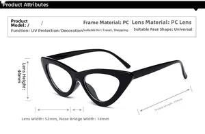 Detailed dimension guide for black cat eye glasses featuring PC frame measurements
