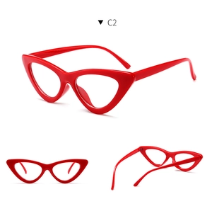 Three perspectives of red cat-eye glasses frames with smooth finish on white background