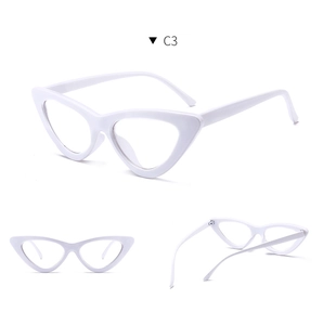 Three perspectives of white cat eye eyeglass frames with clear lenses for women