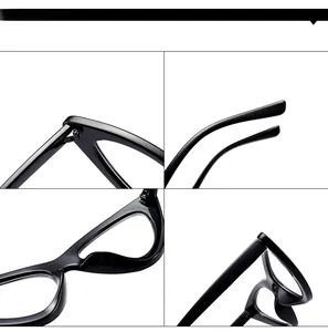 Detailed macro view of black cat-eye eyeglass frames featuring sturdy metal hinges