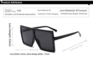Detailed size specifications for black oversized square sunglasses model 5705