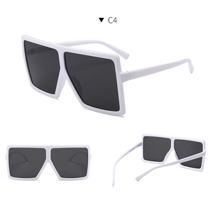 Detailed views of white square oversized sunglasses with dark lenses and C4 frame code
