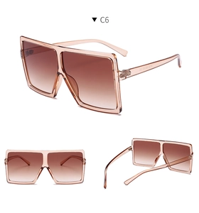 Three-angle view of oversized square sunglasses with brown gradient lenses and C6 tea frame