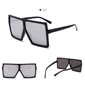 Three-angle views of large square black sunglasses with silver mirrored lenses