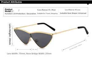 Detail view of cat eye sunglasses showing PC and metal frame with precise measurements