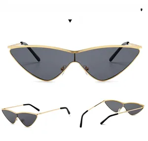 Three-angle view of triangular cat-eye sunglasses with gold metal frame and grey lenses