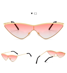 Detailed views of gold cat-eye sunglasses with pink gradient lenses from multiple angles