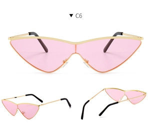 Three-view detail of pink gradient rimless sunglasses with slim gold metal frames