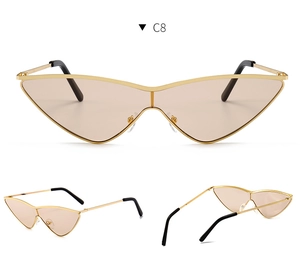 Detailed views of cat-eye sunglasses with gold metal frames and gradient champagne lenses