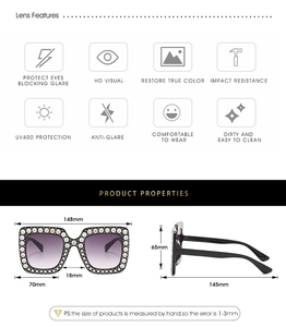 Detaillierte Größentabelle für quadratische Strass-Sonnenbrille mit lila Verlaufsgläsern