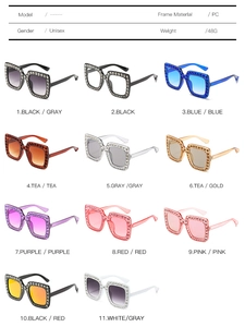 Detailspezifikationen der quadratischen Strass-Sonnenbrille mit 11 Farben und PC-Rahmen