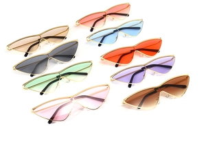 Array of colorful cat-eye sunglasses with gold metal frames in nine gradient shades