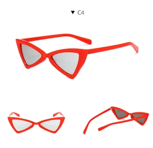 Three-way view of red butterfly cat-eye sunglasses with light gray lenses