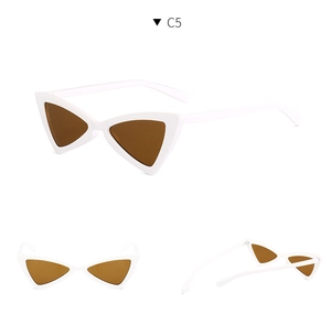 Three perspectives of white triangle cat eye sunglasses with brown tinted lenses