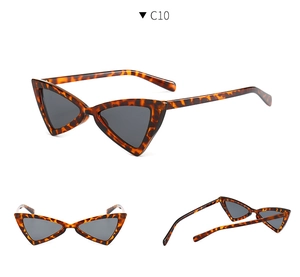 Three-way view of tortoise shell cat-eye sunglasses with dark grey polarized lenses