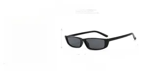 Detailed view of small rectangular sunglasses with black frame and PC lens dimensions