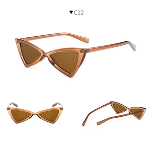Detail view of model C12 butterfly cat eye sunglasses in translucent amber brown finish