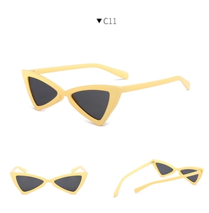 Detailed three-angle views of vintage yellow triangle cat eye sunglasses with dark lenses