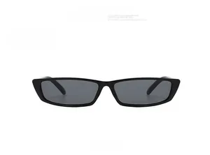 Close-up of narrow rectangular black sunglasses with dark UV protection lenses