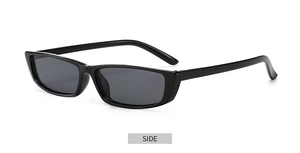 Side view of trendy small rectangular sunglasses with glossy black frame and dark lenses