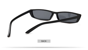 Back view of classic black rectangle sunglasses with glossy frame and dark lenses