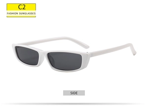 Side view of white rectangular sunglasses with dark lenses and minimalist frame