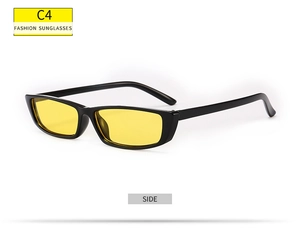 Side view of small rectangular sunglasses with black frame and yellow lenses