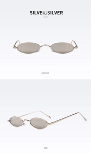 Détail des lunettes de soleil ovales rétro avec monture en métal argenté et verres gris