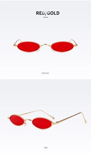 Vue de face et de profil de petites lunettes de soleil ovales, verres rouges et monture or