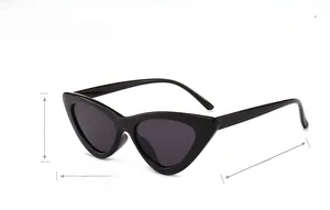 Detailed size specifications and material chart for small cat-eye sunglasses in black