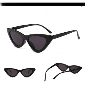 Three-angle view of vintage black cat-eye sunglasses with slim frames and dark lenses