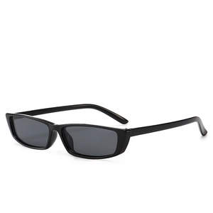Black narrow rectangular sunglasses with dark grey lenses in a 45-degree angle view