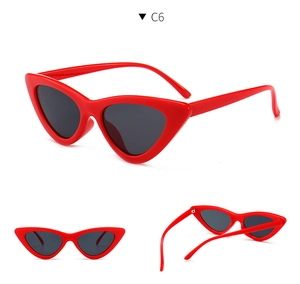 Three-view display of red cat eye sunglasses with grey lenses and detailed frame structure