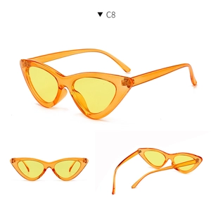 Three perspectives of trendy cat eye sunglasses with orange frames and yellow lenses