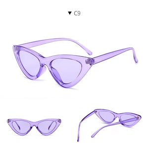 Detailed views of purple translucent cat eye sunglasses with a retro small frame design