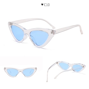 Three-angle view of transparent blue cat-eye sunglasses with slim frame and sharp lines