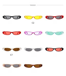 Collection of narrow oval sunglasses in 11 colors including black, green and tortoiseshell