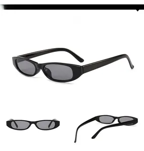 Detailed multi-angle view of retro narrow oval sunglasses with glossy black frames and hinges