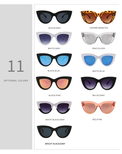 Detailed grid showing 11 stylish cat eye sunglasses with various frame and lens colors