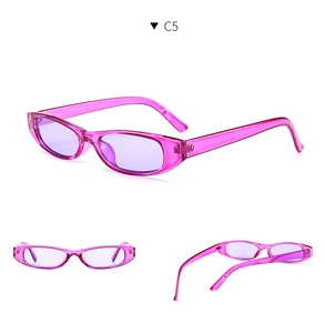 Detailed views of translucent magenta small oval sunglasses with lavender lenses C5