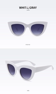 Front and side view of trendy white cat-eye sunglasses with gradient lenses