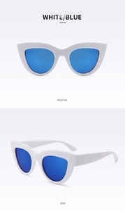 White cat-eye sunglasses with blue mirrored lenses shown from positive and side angles