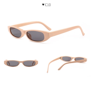 Three-way view of retro small oval sunglasses in nude beige with dark grey UV400 lenses